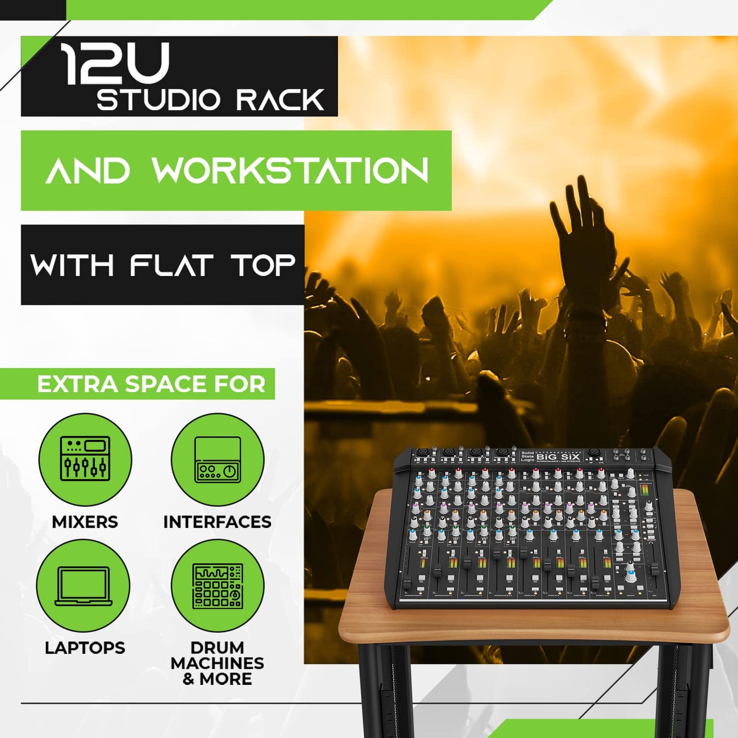 GEARit 12U Audio Rack, 19 Inch Steel AV Rack, Server Rack and Network Rack Stand with Flat Oak Top, Rack for Music Gear, Mixers, Network Equipment, Server Hardware and Audio Components