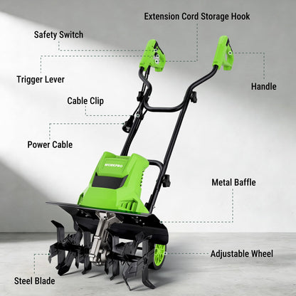 WORKPRO 12.5 Amp Electric Garden Tiller & Cultivator, 16" Tilling Width & 8.7" Depth, 6 Steel Tines, 4-Position Adjustable Wheels, Safety Switch, Corded Rototiller for Garden, Lawn & Flower Beds