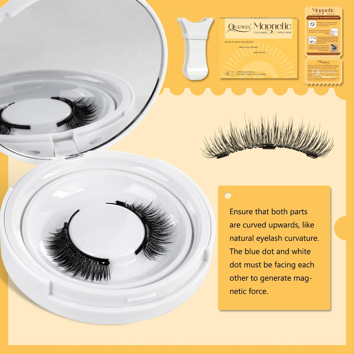 QUEWEL Magnetic Eyelashes 1 Pair Reusable Magnetic Eyelashes with Applicator No Glue Needed Eyelashes Cat Eye Natural Look Lash Clusters Kit Easy to Wear and Remove(B05)