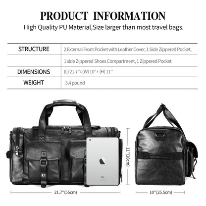Zeroway Travel Duffel Bag with Shoe Pouch, PU leather Carry on Bag Weekender Overnight Bag for Men Women Black