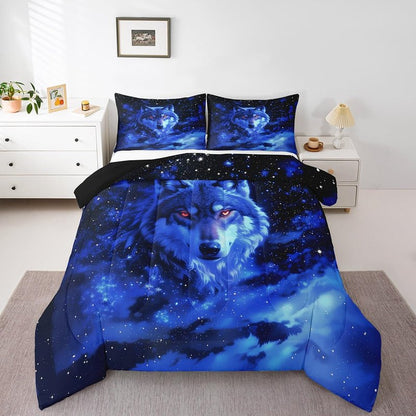 Feelyou Wolf Comforter Set Twin Size Wolves Howling Comforter for Boys Girls Teens Animal Wolves Bedding Set Mountain Moon Wolf Duvet Set Room Decor Ocean Blue Quilt Set