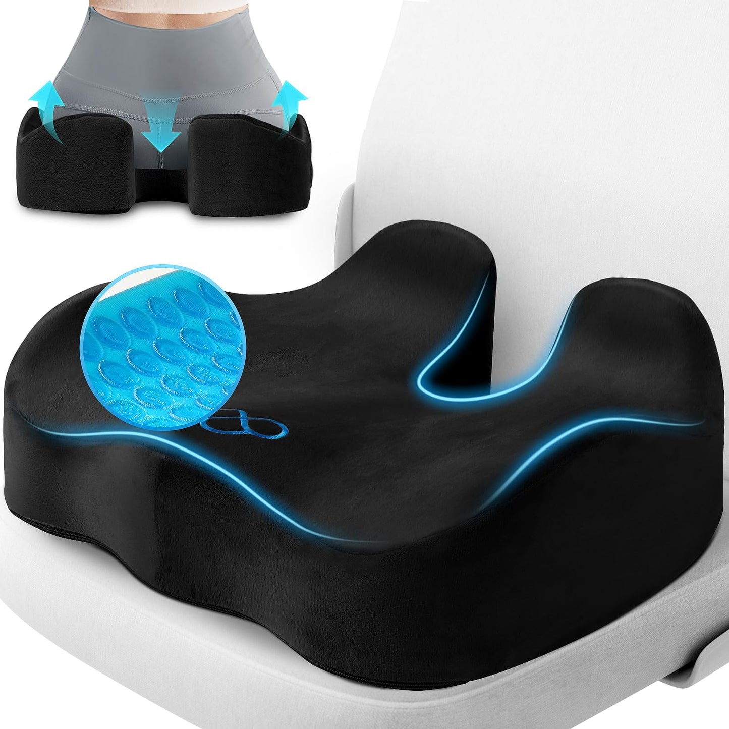 CushyOasis Seat Cushion, Gel Chair Cushions, Office Chair Cushions, Anti-Slip Bottom & Removable Cover Tailbone Pain Relief Cushion, Memory Foam Seat Cushion for Office, Wheelchair, Car (Black)