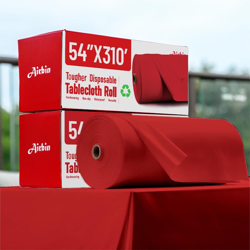 Airbin Plastic Table Cloth, 310 Ft X 54 in Disposable Tablecloth Red Tablecloth Premium PEVA Plastic Table Cloth Disposable with Any Cut Sliding Cutters for Picnics, Parties, Birthdays, Festivals