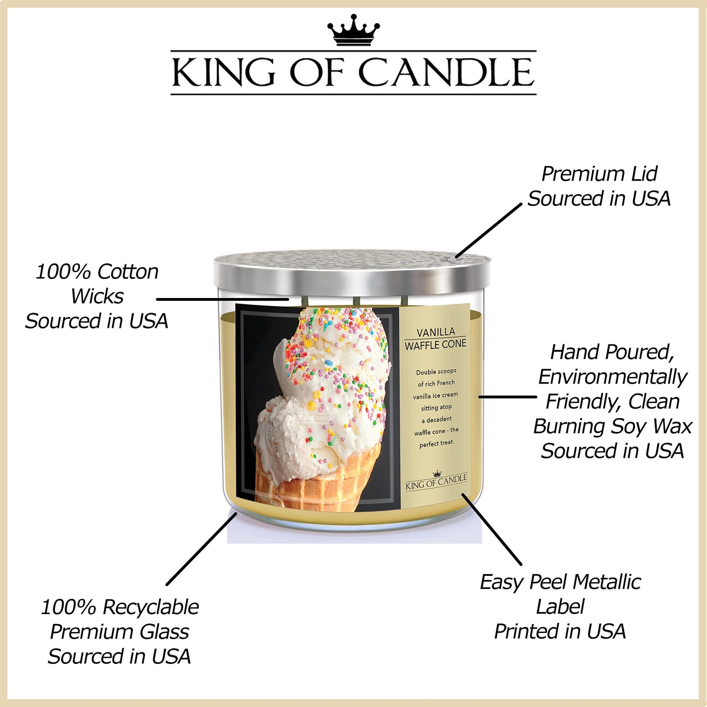 King of Candle - Vanilla Waffle Cone Candle | Large 3 Wick Highly Scented Soy Wax/Long Lasting/Vanilla Bean Ice Cream Scented Candle | 14 oz + Decorative Lid