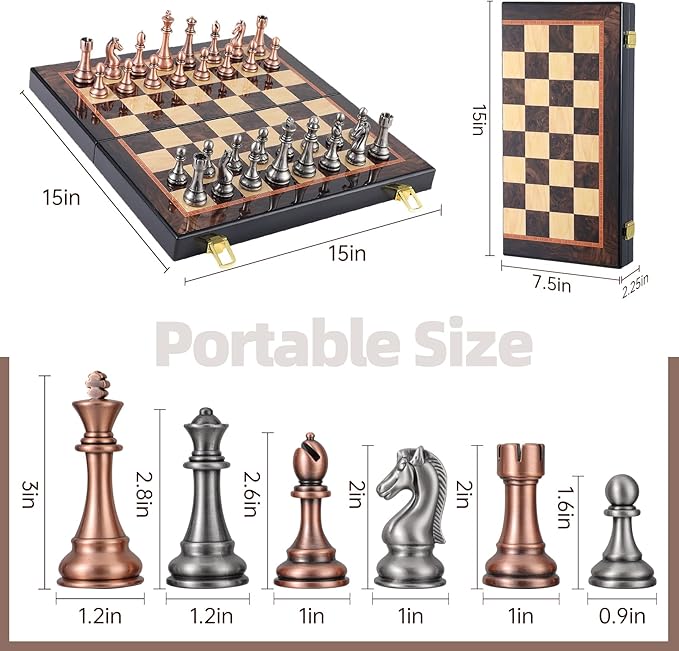 Ajedrez Luxury 15 Wooden Chess Set - Folding Board with Piano Finish | Weighted Metal Chess Pieces | Portable Travel Game for Adults &amp Kids | Premium Gift