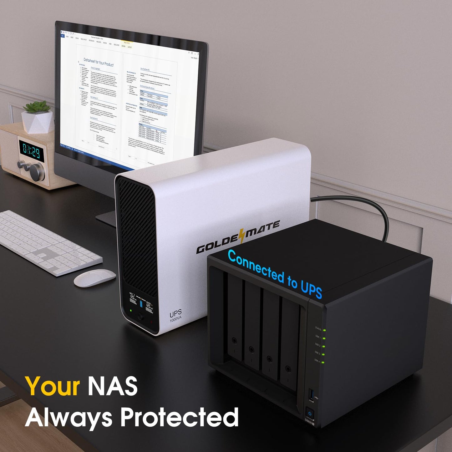 GOLDENMATE 1000VA/600W Lithium UPS Battery Backup and Surge Protector, Sinewave UPS System with LiFePO4 Battery(153.6 Wh), Upgraded Pro Ver. with Communication Port, 8 Outlets, LCD Display, White