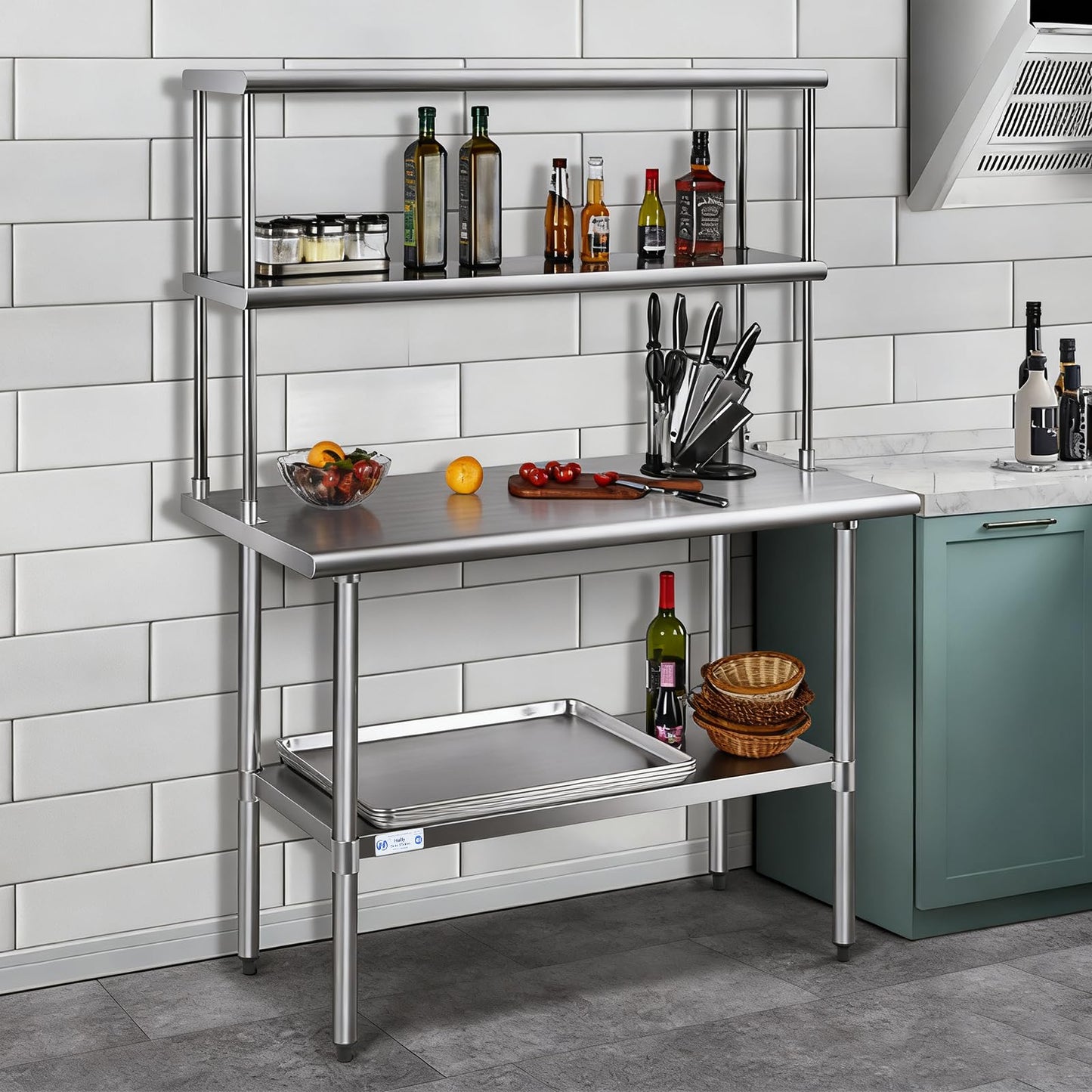 Hally Double Overshelf of Stainless Steel 12'' x 48'' Weight Capacity 380lb, Commercial 2 Tier Shelf for Prep & Work Table in Restaurant, Home and Kitchen