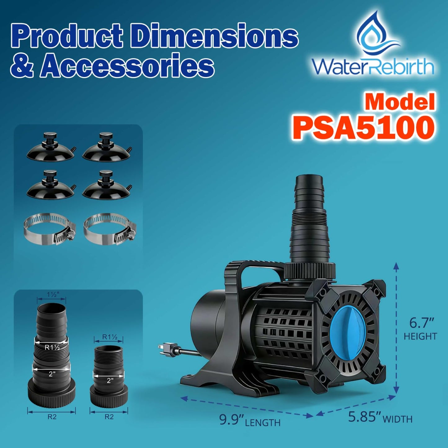 WaterRebirth PSA5100 High Flow Freshwater Pond Pump, 5500GPH 325W Submersible or External Water Pump, 18.7ft Max Lift, Ultra Quiet Waterfall Pump with 5-Position Adjustable Outlet