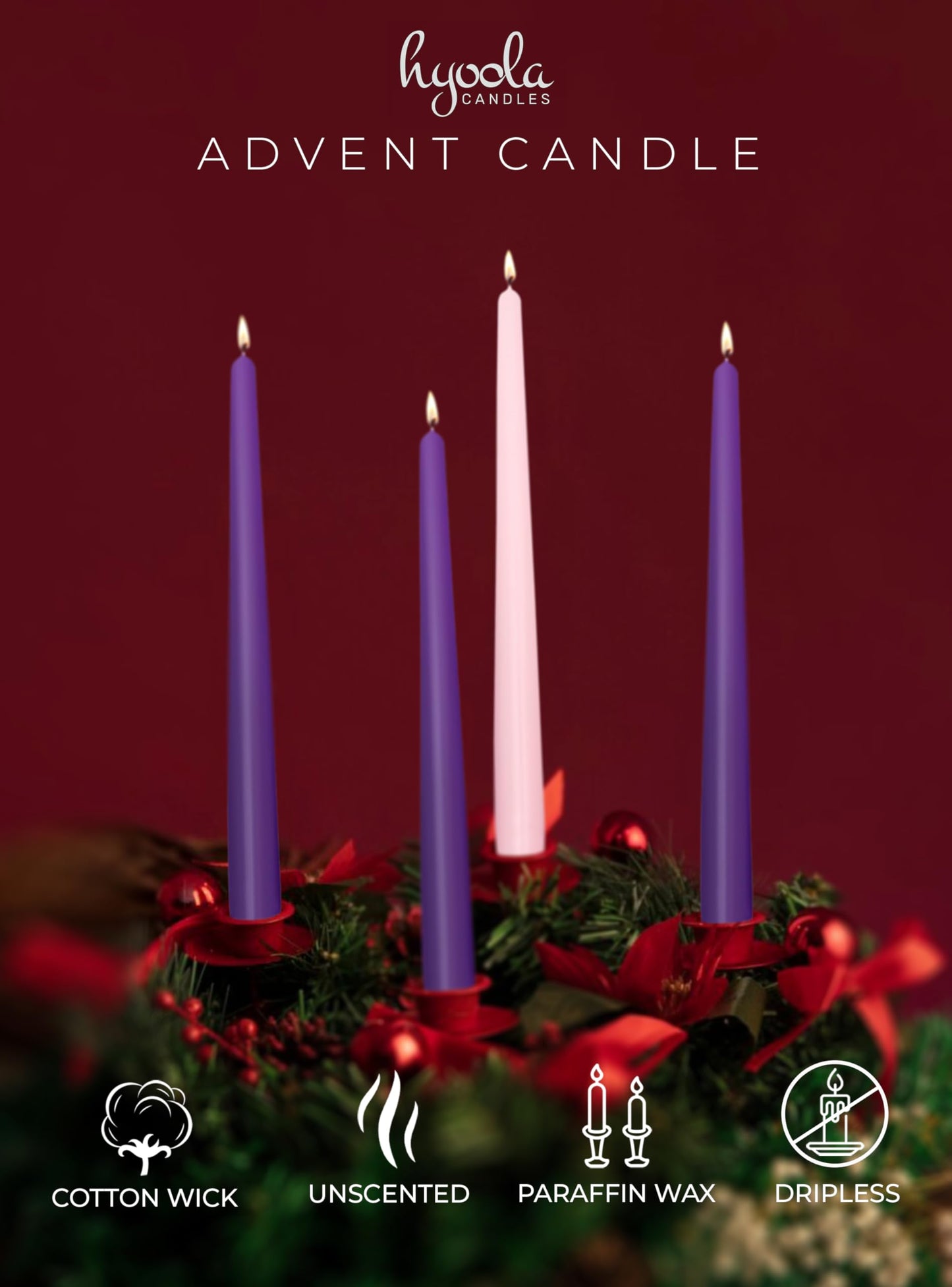 Hyoola Advent Candles Set of 4 - Made in Europe Christmas Advent Candle Set - 12 inch Advent Wreath Candles