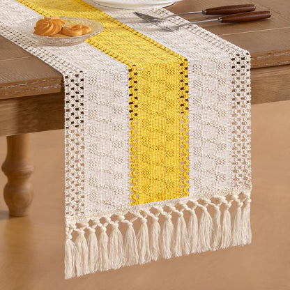 Socomi Boho Table Runner Macrame Summer Farmhouse Woven Cotton Linen Rustic Coffee Table Runner with Tassels for Dresser Scarf Home Decor Dining Room 12x90 inYellow Gold Ivory