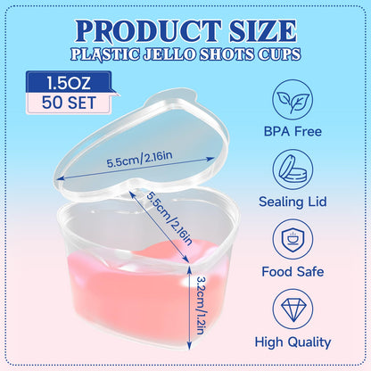 ISKYBOB 50Pcs 1.5oz Heart Shaped Jello Shot Cups with Lids, Disposable Plastic Heart Shape Storage Containers for Sauce, Condiment, Leakproof Small Portion Cup for DIY Slime Liquid Foam Ball Soft Clay
