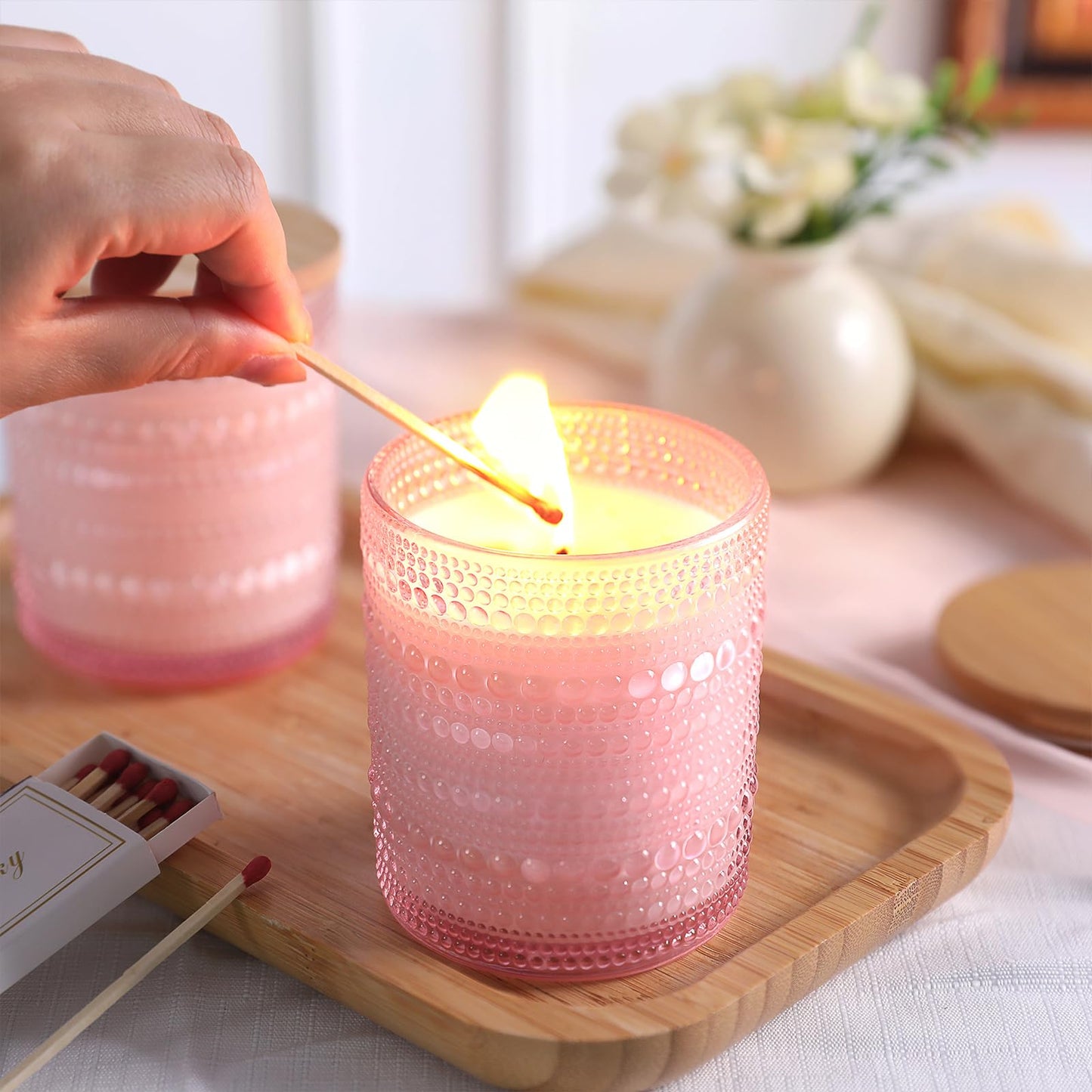 DARJEN 12 Pack Pink Candle Jars for Making Candles- 8 OZ Empty Glass Candle Making Jars with Bamboo Lids and Labels, Candle Containers Candle Making Jars for DIY Gifts