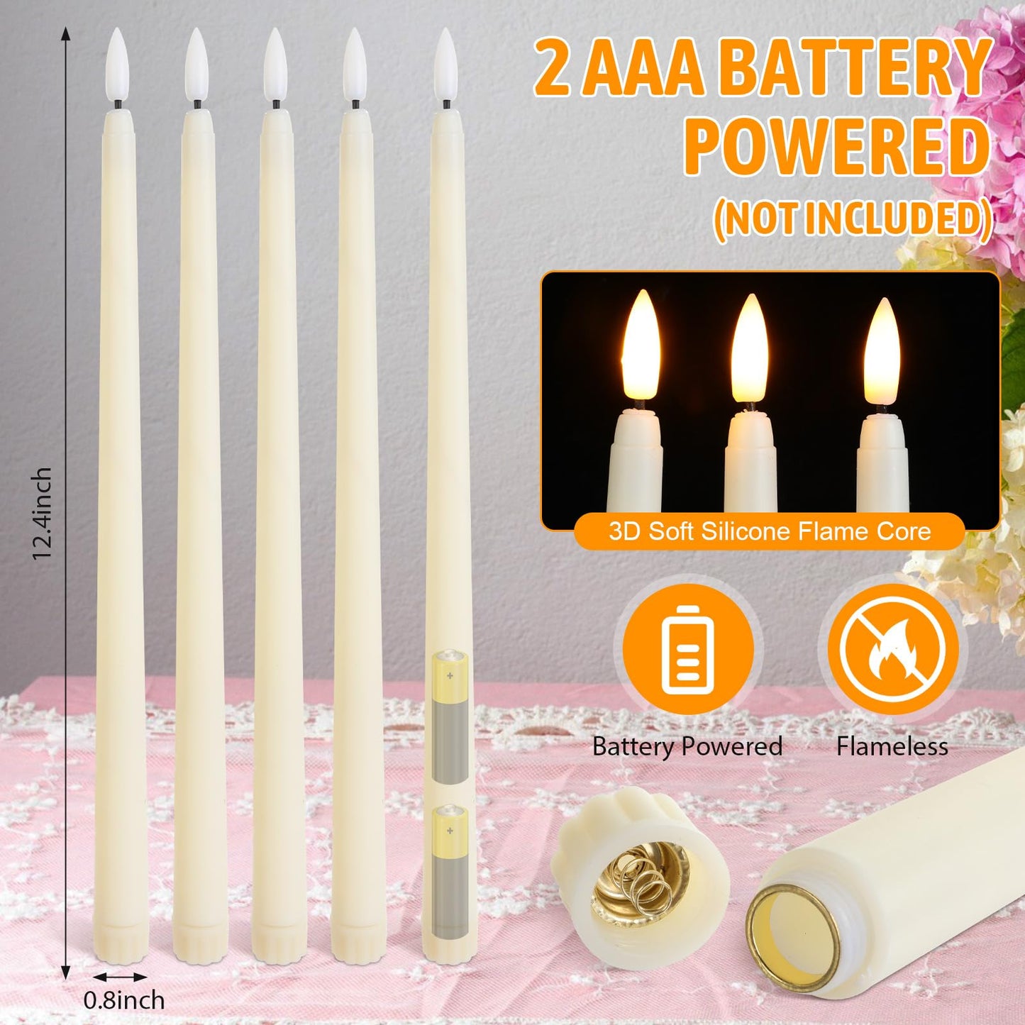 Baquler 100 Pcs Flameless Taper Candles Battery Operated Bulk 12.4 Ivory LED Taper Candles Flickering LED Candlesticks for Wedding Advent Halloween Christmas Party Decor
