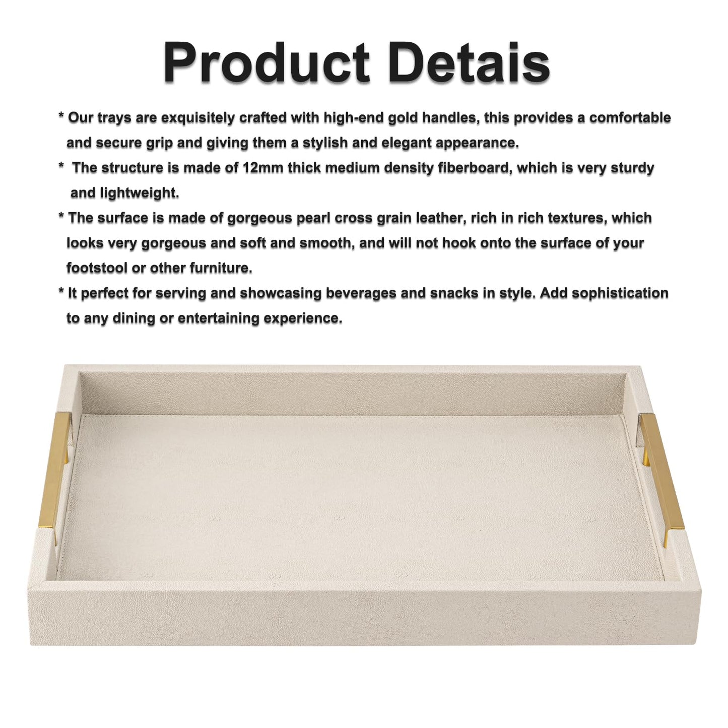 White Leather Large Ottoman Tray for Living Room,Stylish Square Decorative Tray for Coffee Table,Versatile Serving Trays with Handles for Party