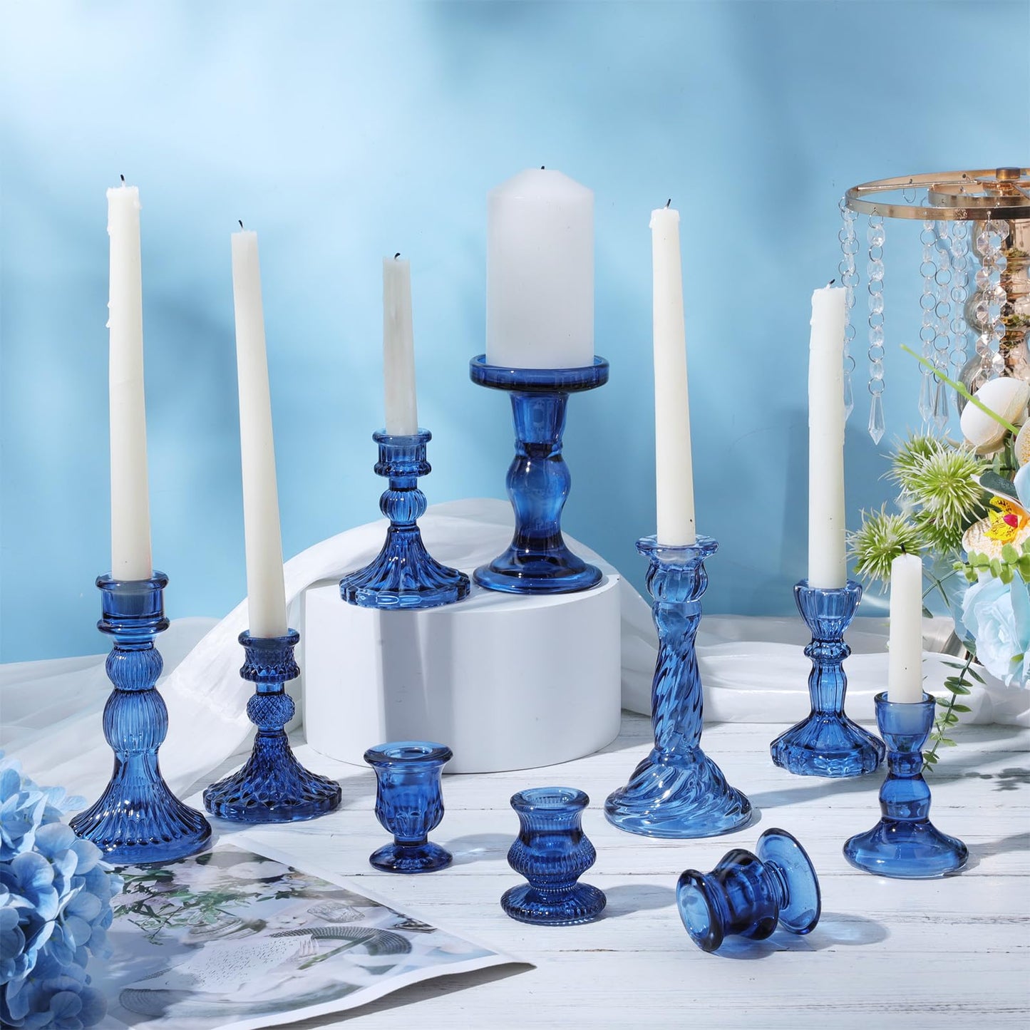 Mumufy 20 Pcs Glass Crystal Taper Candle Holders Clear Glass Candlestick Holder Fit 0.8 Inch Candles Crystal Decorative Candle Stand Centerpiece Table Wedding Dining Party (Blue)