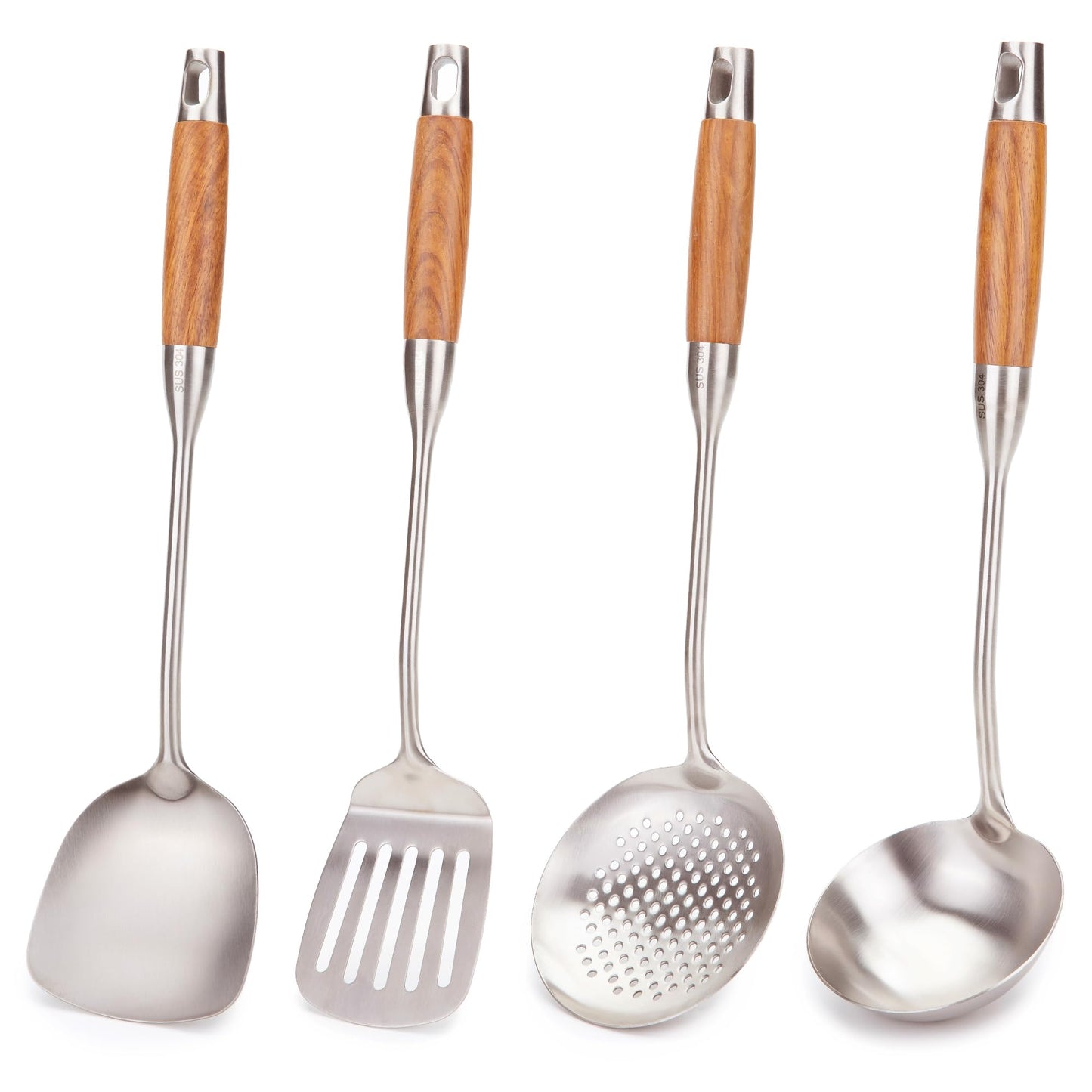 FJNATINH Skimmer Ladle, 15.4inches spatula for wok, 304 Stainless Steel wok spatula,Wooden Handle