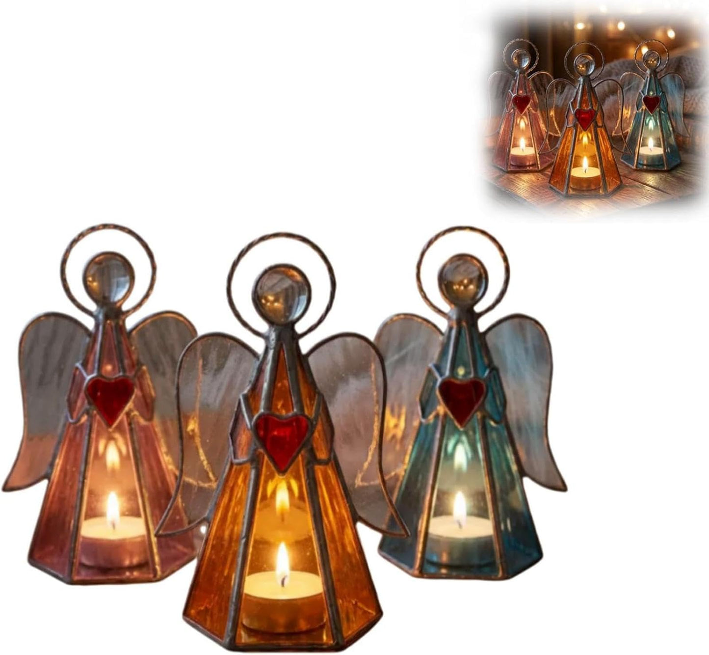 Guardian Angel Stained Glass Candle Holder Sunlight by Day, Warm Glow by Night, Meditation Room & Gift Home Decor Ornament, Available in Pink, Blue, and Yellow, 5.9" x 3.9"