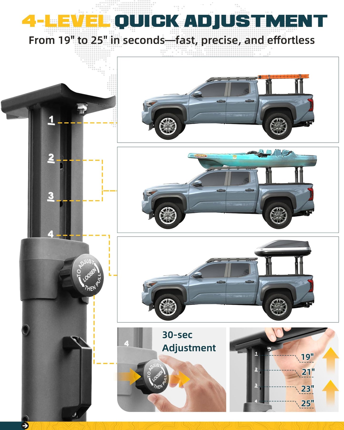 TRUMGETA Truck Bed Rack Fit for Tacoma Gladiator Mid Size Pickups Compatible with Tonneau Cover w/T-Slot Rails, Adjustable 19"-25" Aluminum Truck Ladder Rack Fits Lumber Pipes Kayak