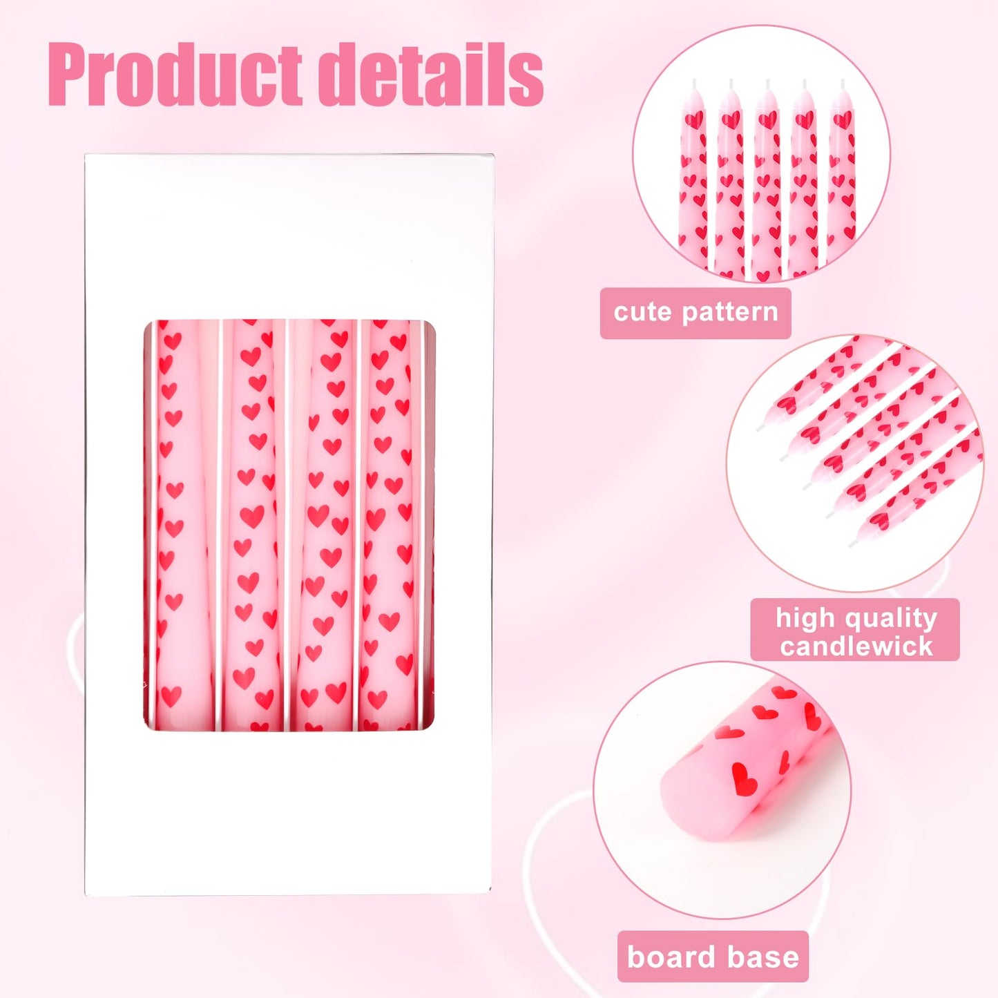 JarThenaAMCS 6Pcs Valentine Taper Candles 10 Inch Pink Red Heart Decorative Candles Long Unscented Candle Sticks for Birthday Wedding Anniversary Party Home Table Decor