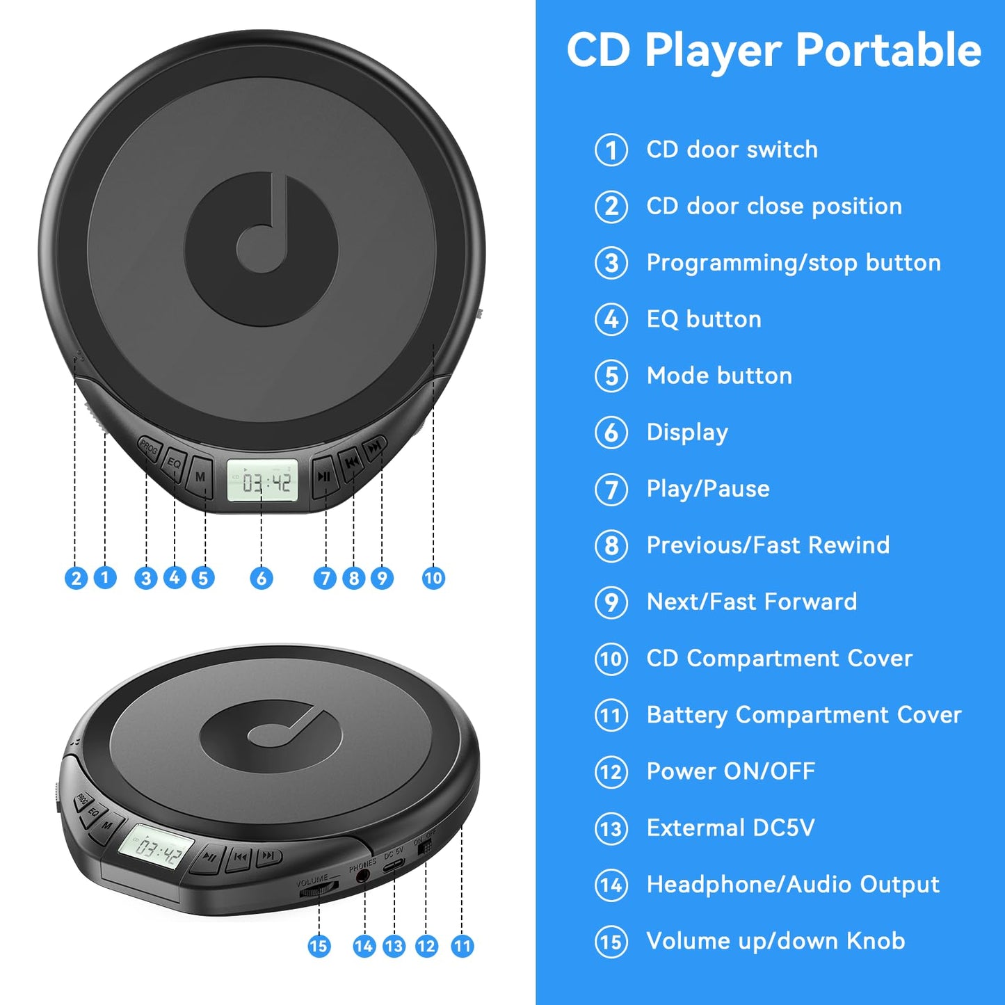 Portable CD Player with Headphones KOVCDVI CD Player Portable for Car with Anti-Skip & Shockproof,CD Discman with LCD Display,AUX Cable and Earphone for Sport Home Outdoor