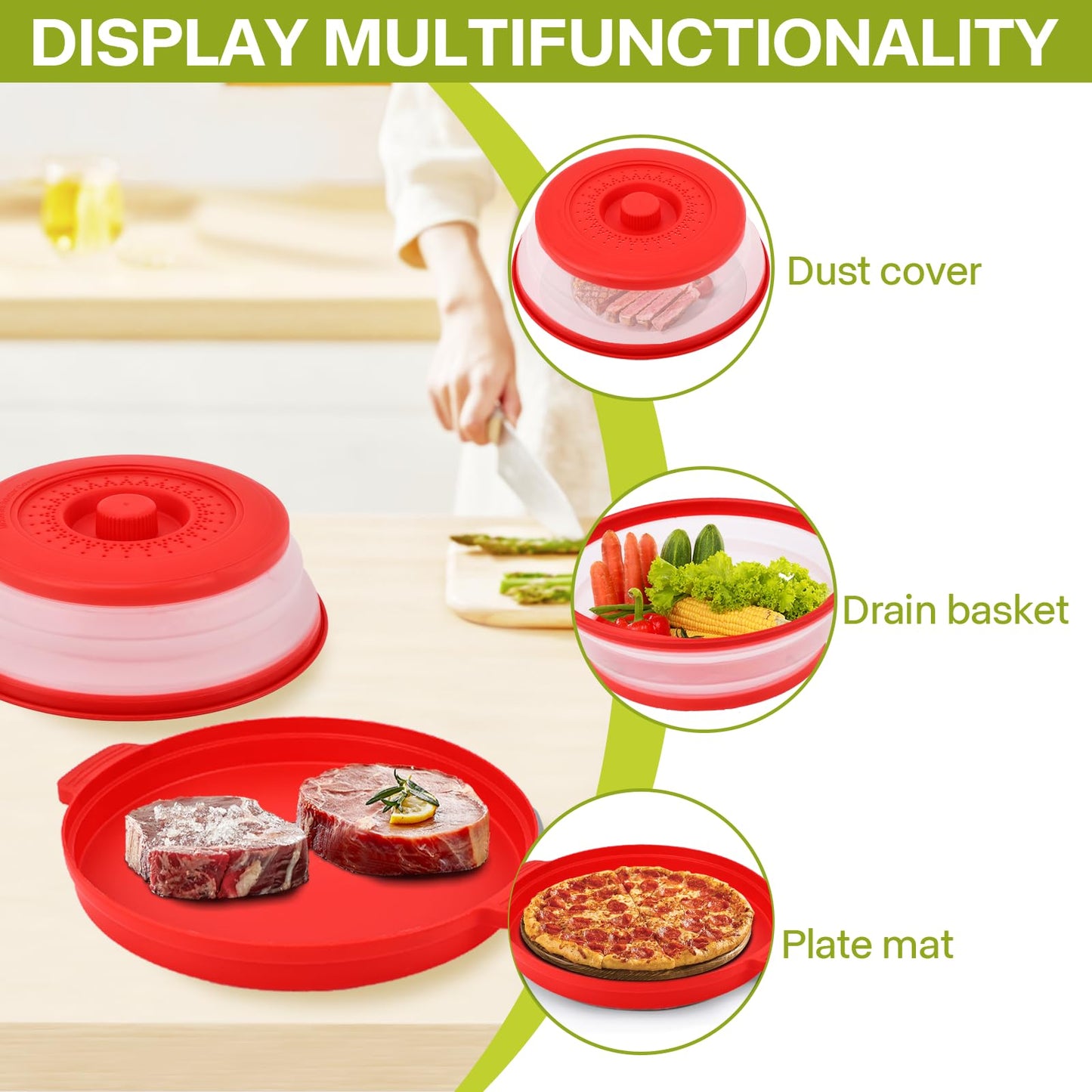 Microwave Splatter Cover for Food with Anti-scald Base Plate,Large Plastic & Silicone Vented Avoid Scalding Collapsible Guard Lid, Plate Holder & Kitchen Colander for Meal Prep-10.7 Inch (gray)