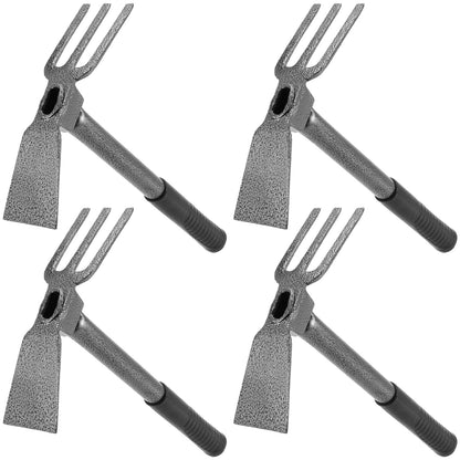 MOUYAT 4 PCS 2 in 1 Double Garden Hoe and Cultivator, 9 x 14 Inch Dual Headed Weeding Tool Heavy Duty Hand Tiller Rust Proof 3 Prong Cultivator with Handle for Weeding and Digging