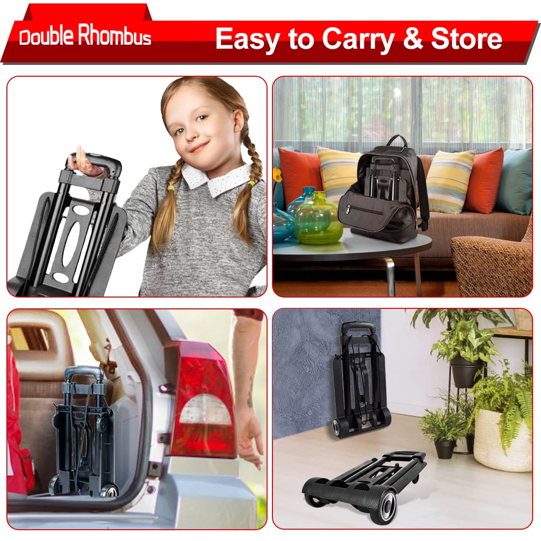 Folding Hand Truck 110lbs, 2+2 Wheel System - 2 Rotating & 2 Stabilizer Wheels Dolly Cart with Elastic Rope & Storage Bag, Adjustable 3-Level Handle for Shopping, Travel, Office, Home Use