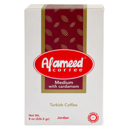 Al Ameed Gourmet Turkish Ground Coffee with Cardamom - 8oz - Authentic 100% Arabica Blend – Medium Roast Beans, Caffeinated – Smooth & Bright Flavor – Fragrant, Aromatic Finish