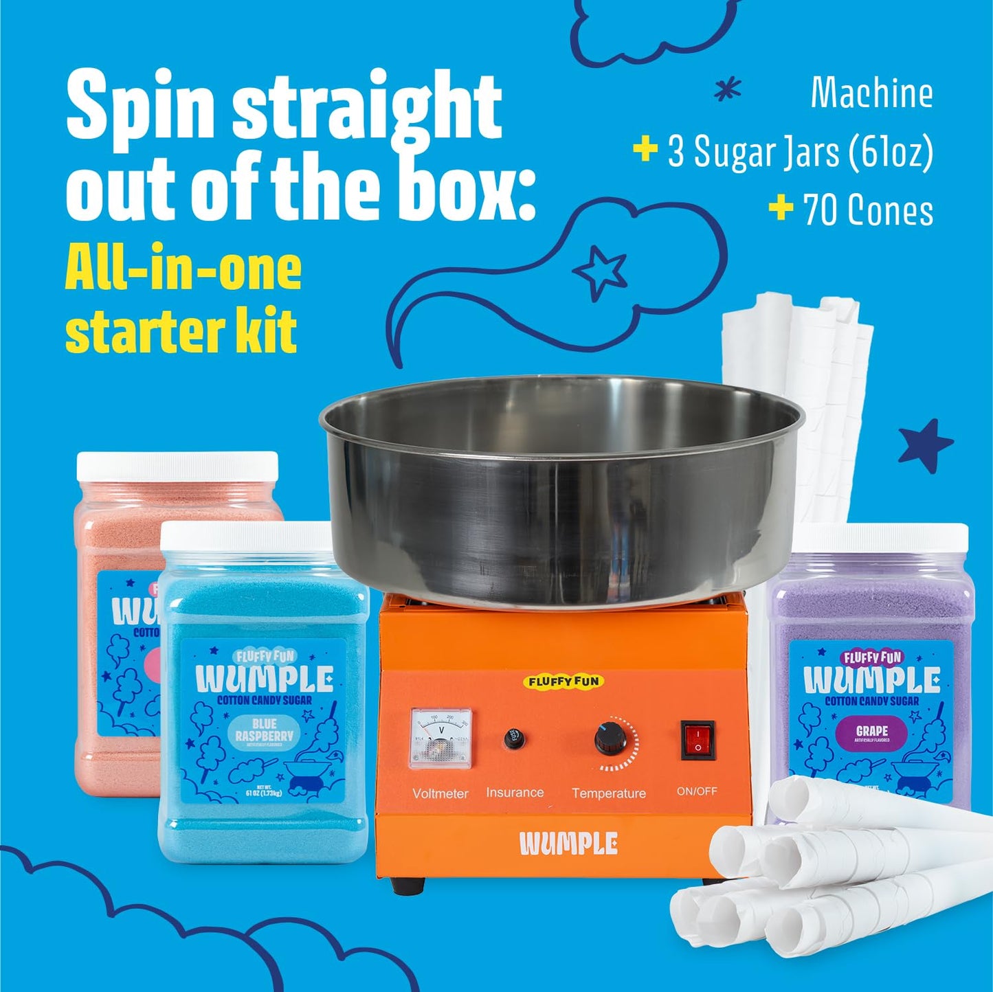 Wumple Cotton Candy Machine Kit Bundle with Flavored Sugars & Cones - Commercial Electric Cotton Candy Machine with Supplies, Stainless Steel Bowl for Parties - Orange