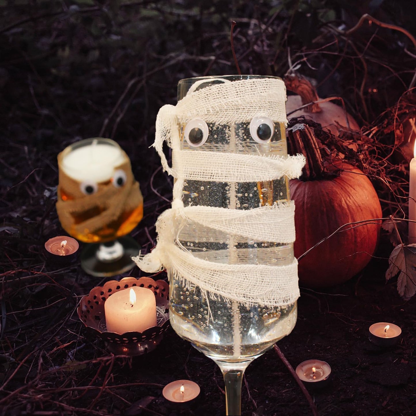 Candle Halloween Mummy Wine Glass Decorations, Summerween Orange and White Party Glasses with Googly Eyes, Spooky Candle Set, 2 Pack