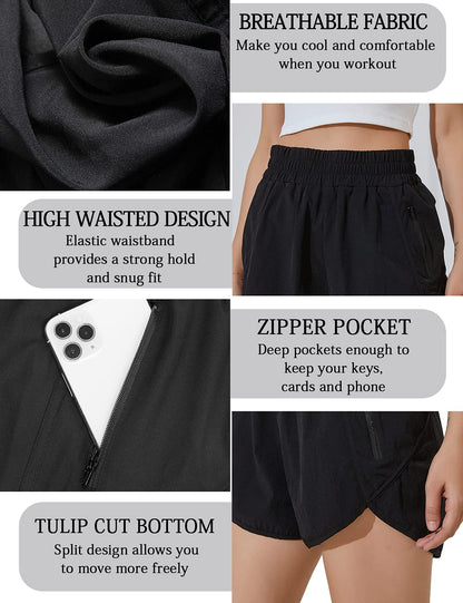 BMJL Women's Running Shorts Elastic High Waisted with Pockets, Sporty Workout Quick Dry Athletic Shorts(M,Black)