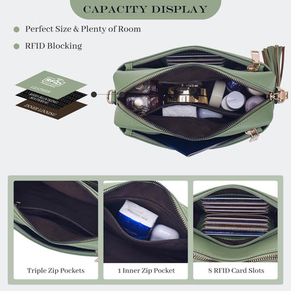 Roulens Triple Zip Small Crossbody Bag for women,Wide Strap Cell Phone Purse Shoulder Handbag Wallet with Credit Card Slots