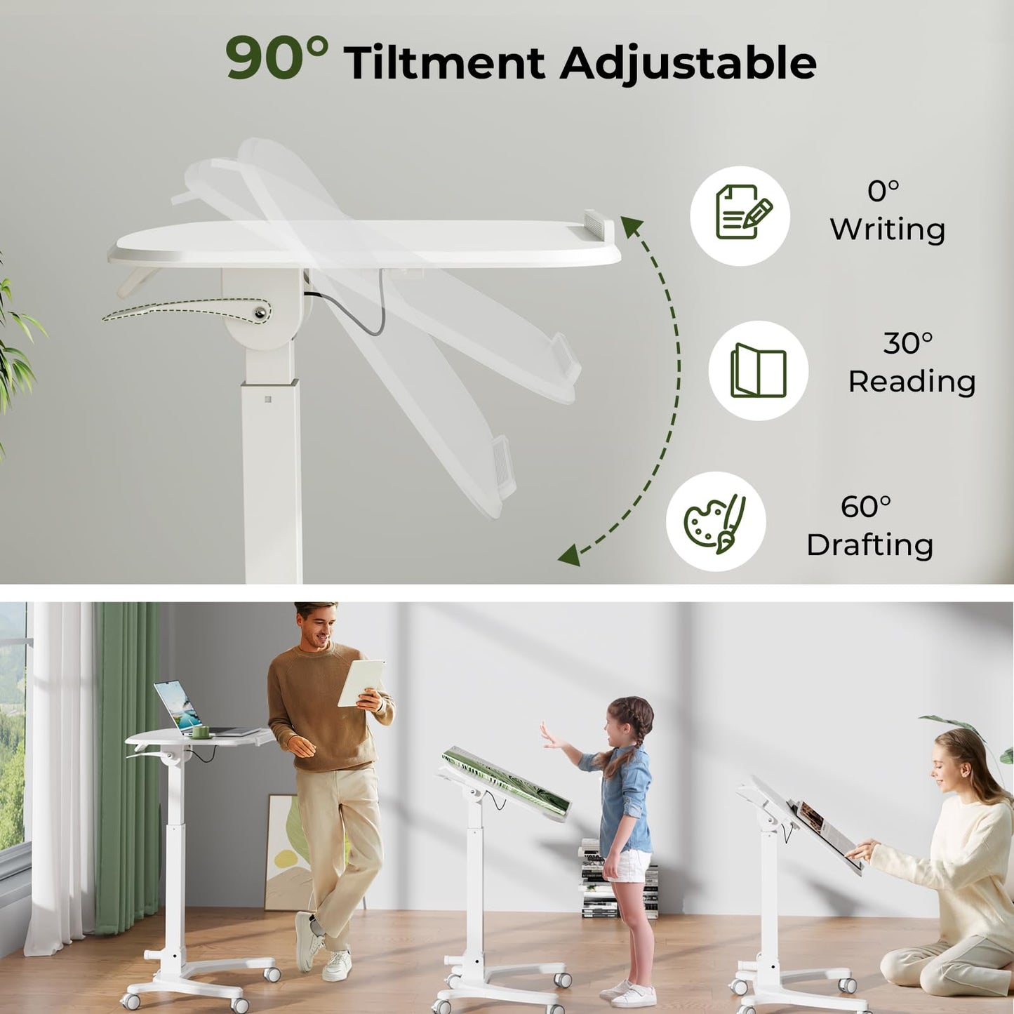 JYLH JOYSEEKER Foldable Mobile Standing Desk, 27"×21" Portable Rolling Laptop Cart with 90° Tiltable Board, Height Adjustable Workstation with Wheels, Folding Table for Home Office, White