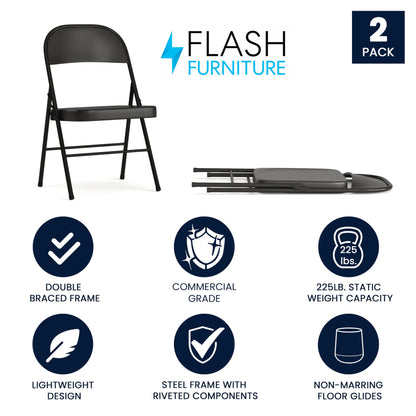 Flash Furniture HERCULES Series Double Braced Black Metal Folding Chair (Pack of 2)
