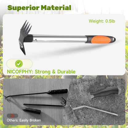 NICOFPHY Weed Puller Tool 2 Pack, 2 in 1 Manual Weeding Rake and Garden Hoe, 17" Uprooting Weeder Remover Tool for Yard Lawn Patio and Garden, Portable Gardening Hand Tools for Veggies Flower Planting
