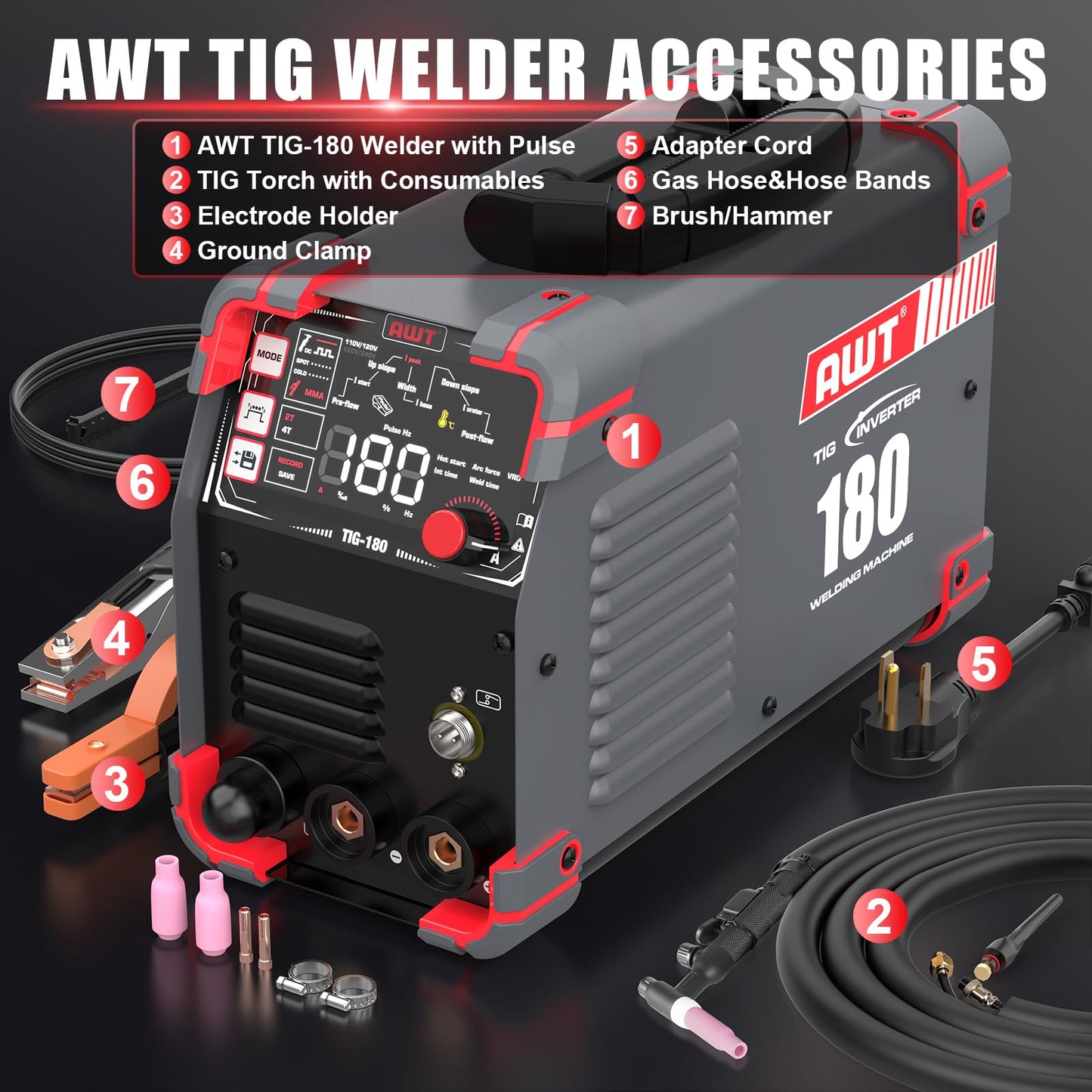 AWT TIG Welder 180Amp with DC Pulse,Cold TIG Welder with Large LED Display 5-in-1 DC HF TIG/PULSE TIG/COLD/SPOT TIG/STICK,110V/220V Dual Voltage Cold TIG Welding Machine
