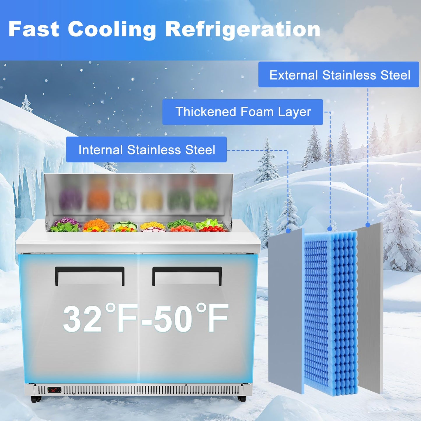 Tylza 48" Commercial Refrigerator, 12.7 Cu.Ft Sandwich Salad Prep Table, Mega Top Worktop Fridge w/ 12 Pans & Cutting Board, 2-Door Stainless Steel Salad Prep Cooler for Restaurant & Food Truck