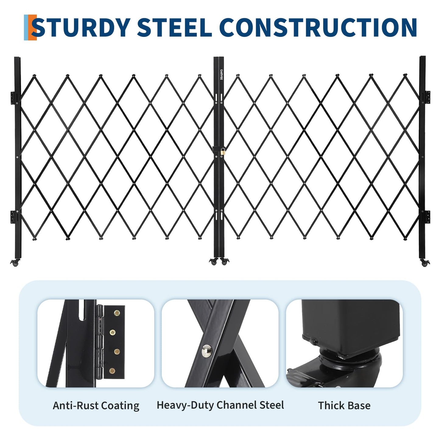 12.5FT Metal Expandable Mobile Barricade,Industrial Folding Security Gate Driveway Gate, Retractable Retractable Gate Outdoor,Folding Safety Barricade with Casters