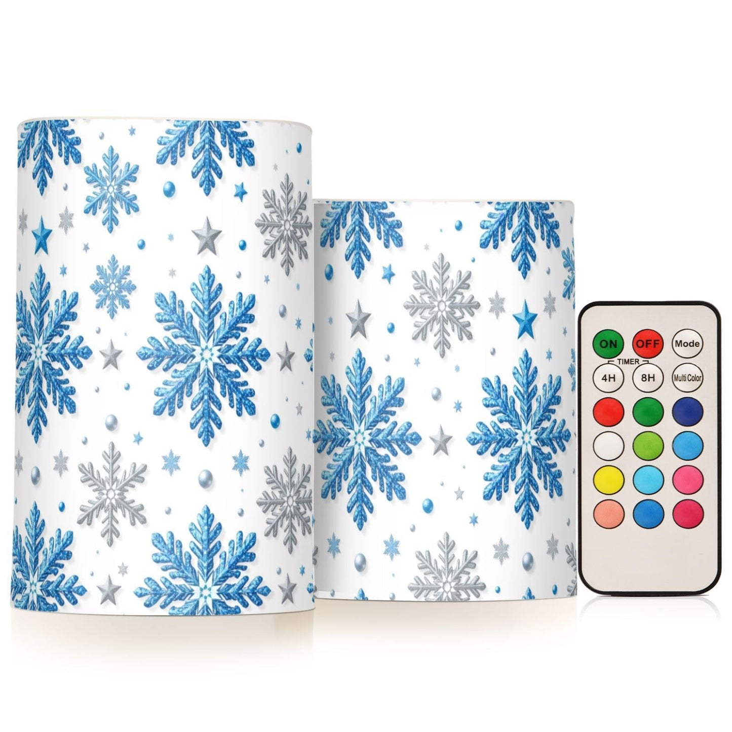 Pigsaly Flameless Candles Battery Operated Winter Stars Christmas Silver Blue Glittering Snowflakes Flickering Led Pillar Candles with Remote Control Colour Changing Warm Light Candles for Hallowee