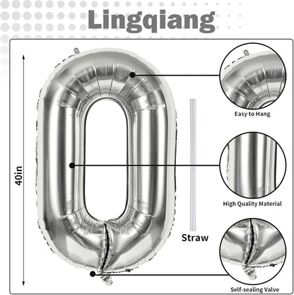 Skiennix 40-Inch Silver Foil Number 0 Balloon - Self-Inflating Giant Helium Decoration for Parties