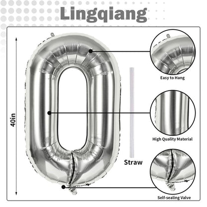 40 Inch Silver Foil Balloon Number 0, Giant Self Inflating Number Balloons 0-9 for Men Women, Digital 0 Helium Balloons Set for Girls Boys 4th Birthday Anniversary New Year Party Decorations Supplies