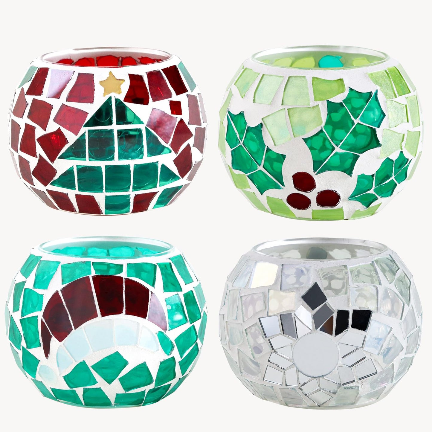 4 PCS Mosaic Glass Tealight Votive Candle Holders - Red & Green Christmas Table Centerpiece Decorations for Indoor/Outdoor Holiday Decor