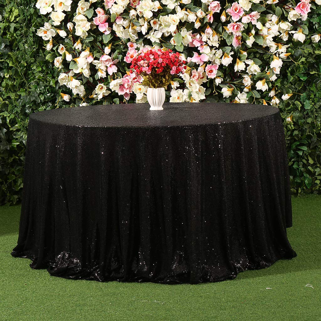 Juya Delight 120-Inch Round Black Sequin Tablecloth for Wedding Birthday Party Festival Ceremony Dessert Table