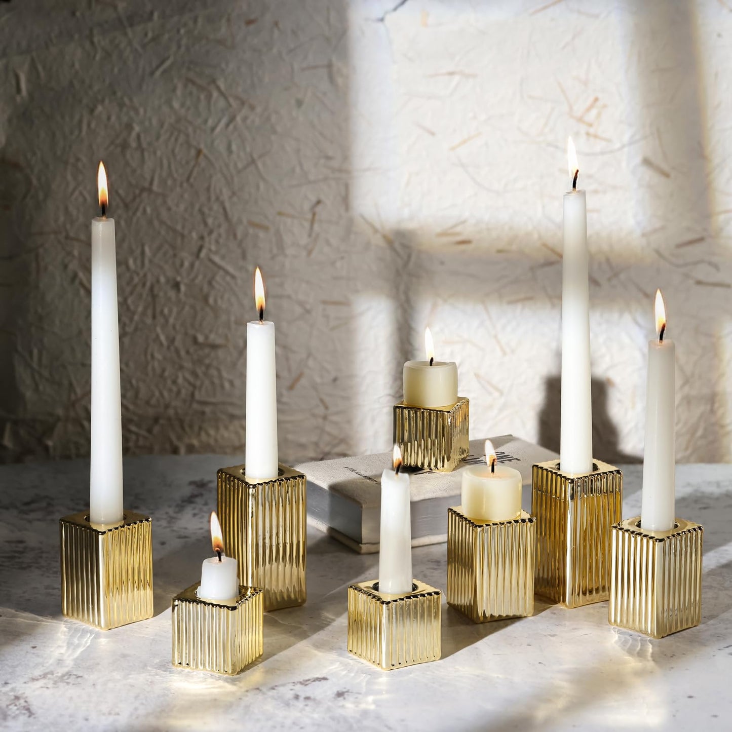 LETINE 14" Tall Hurricane Candle Holders with Gold Ribbed Taper Candle Holders Set of 9– Bulk Windproof Taper Candle Hurricane Glass for Outdoor&Indoors Wedding Centerpiece, Event & Home Decor