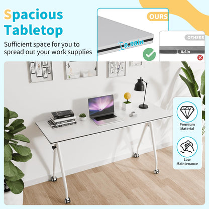 Conference Table with Wheels, Folding Conference Table with Knob & 4 Brake Casters, Modular Flip Top Mobile Conference Room Table for Office, Meeting, Training Room, Class (8, White, 55.1in)