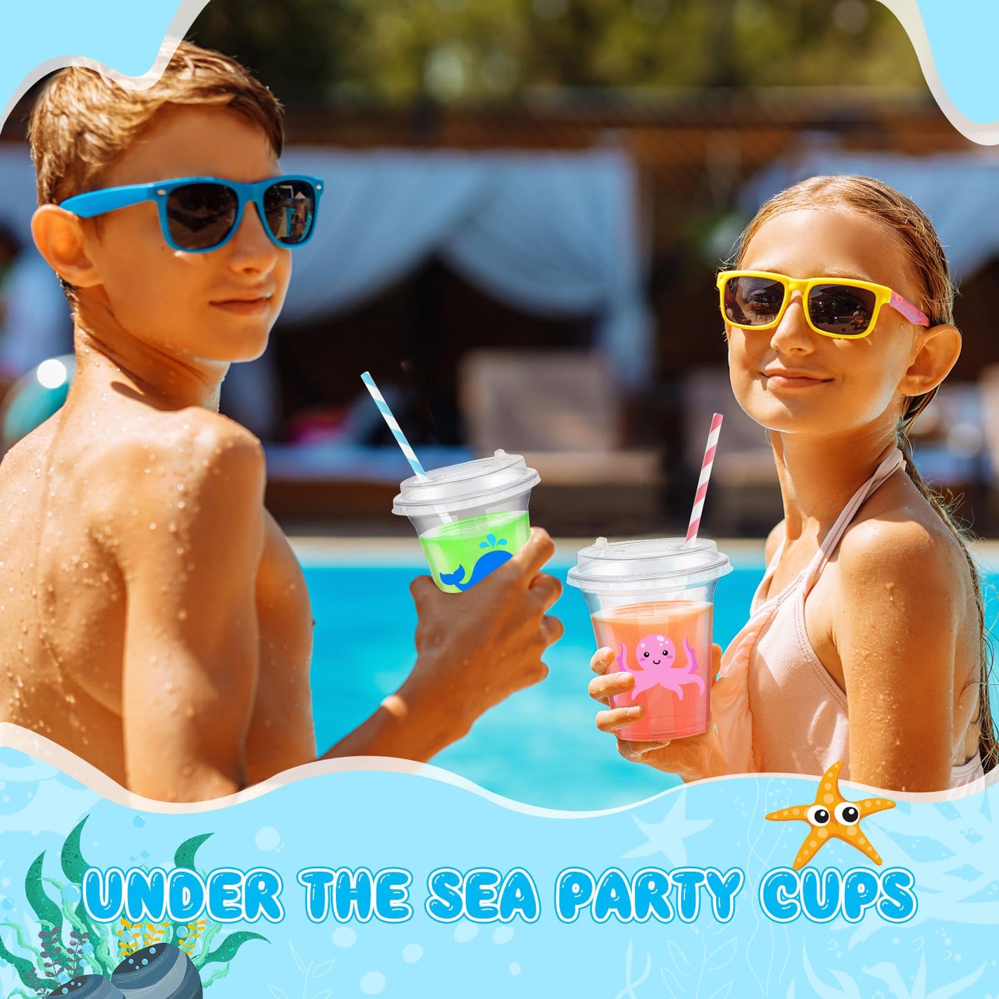 Boao 36 Sets Under the Sea Ocean Party Cups with Lids and Paper Straws 14 oz Summer Sea Birthday Party Supplies Beach Pool Disposable Clear Plastic Cups Bulk