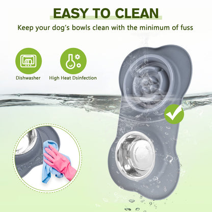 Pecute Slow Feeder Dog Bowls to Slow Down Eating, Dog Bowl Slow Feeder with No-Spill Non-Skid Silicone Mat, Food-Grade Safe Dog Food Bowls Slow Feeder, Stainless Steel Dog Water Bowl for Dogs Cats