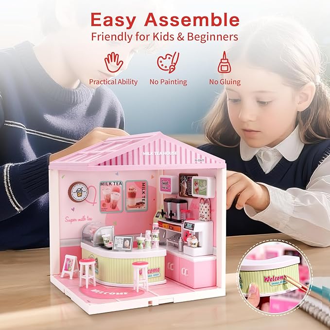 LED Building Blocks for Adults 1:24 DIY Miniature Dollhouse Kits with Roof &amp Dustproof Cover Tiny House Toy Building Sets for Kids Ages 8-12-15 Birthday Hobbies Gift for Men Women Boy Girl
