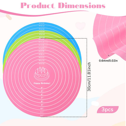 TIESOME 3 Pcs Round Silicone Baking Mat, 12 Inch (30cm) Silicone Rolling Mat With Measurements, Reusable Non-Stick Heat Resistant Baking Sheet for Dough, Fondant, Cookie & Pizza (Blue Pink Green)
