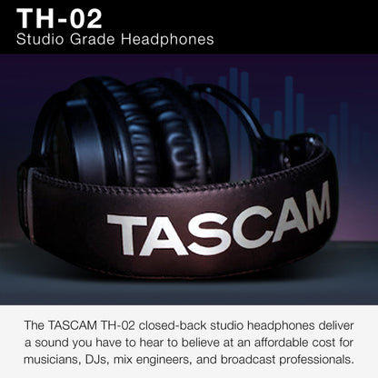 TASCAM TH-02 Professional Studio Monitor Headphones, Wired, Over Ear — for Recording, Podcast, DJ, Music and Guitar, with 1/4 Inch Jack Adapter